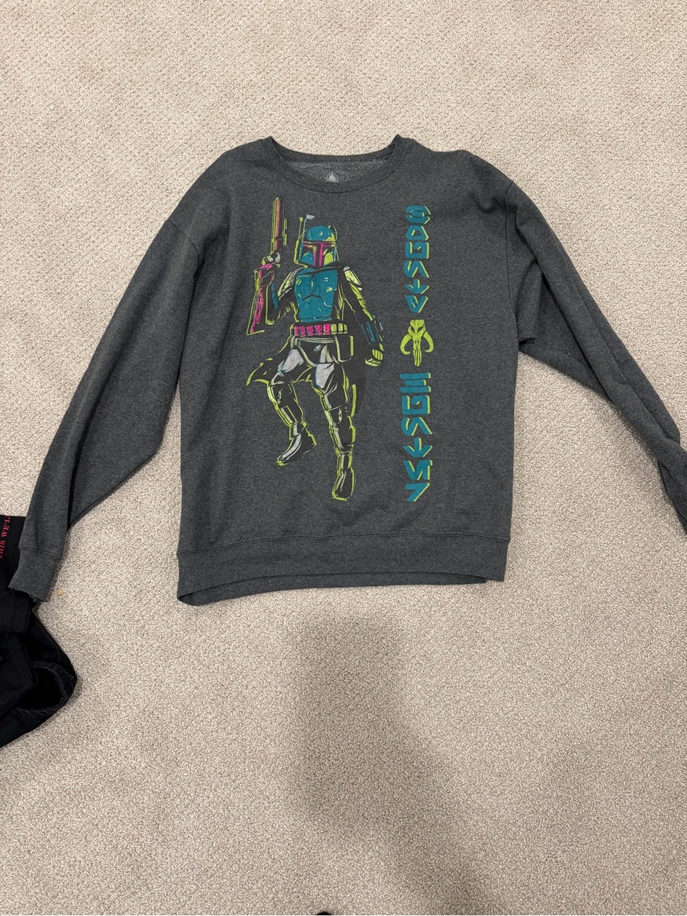 Disney Men's Dark Gray Crewneck Sweater with Neon Boba Fett Graphic